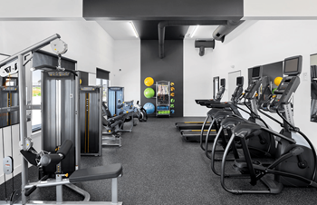 A gym with cardio equipment and weights on a carpeted floor